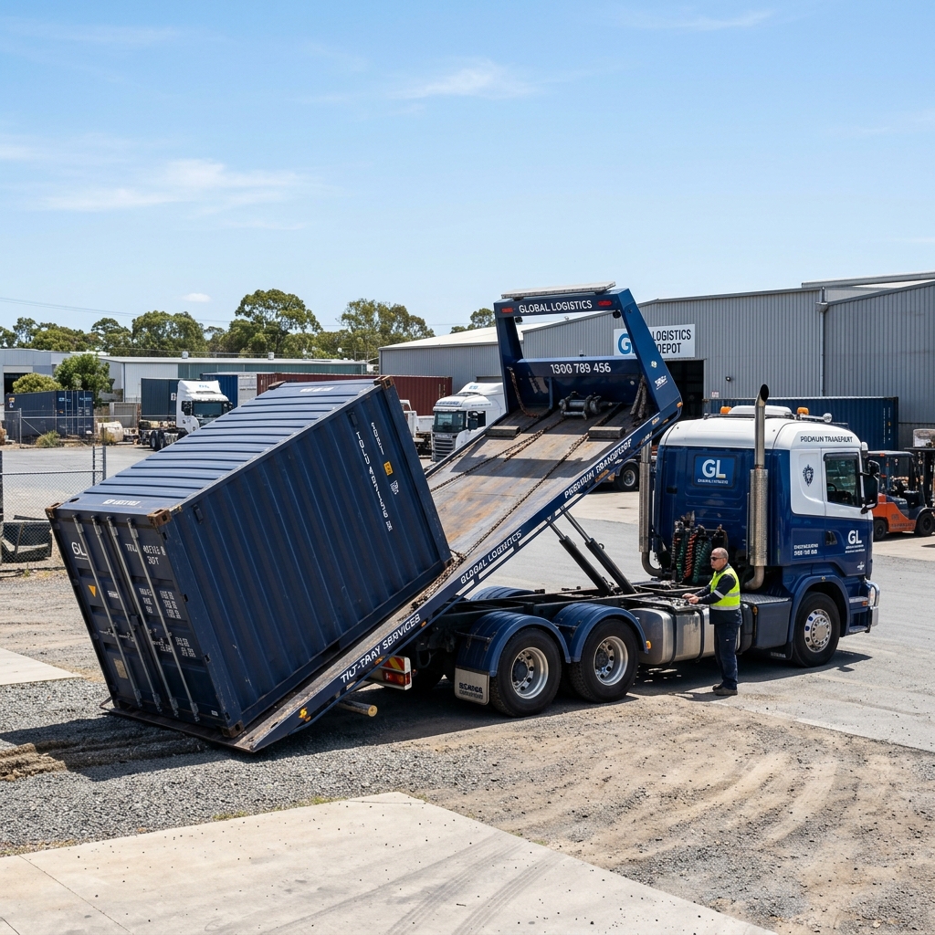 Shipping container being delivered by tilt-tray truck anywhere in Australia