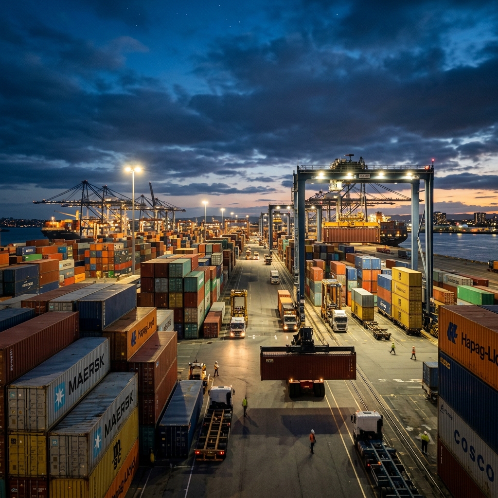 Shipping containers stacked at the Modulrkargo depot yard in Sydney